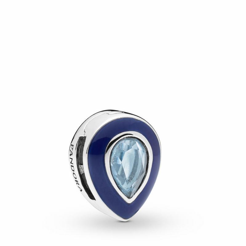 Pandora Reflexions™ Dazzling Blue Droplet Clip Charm Ireland - Sterling Silver/Enamel/Blue/Crystal -